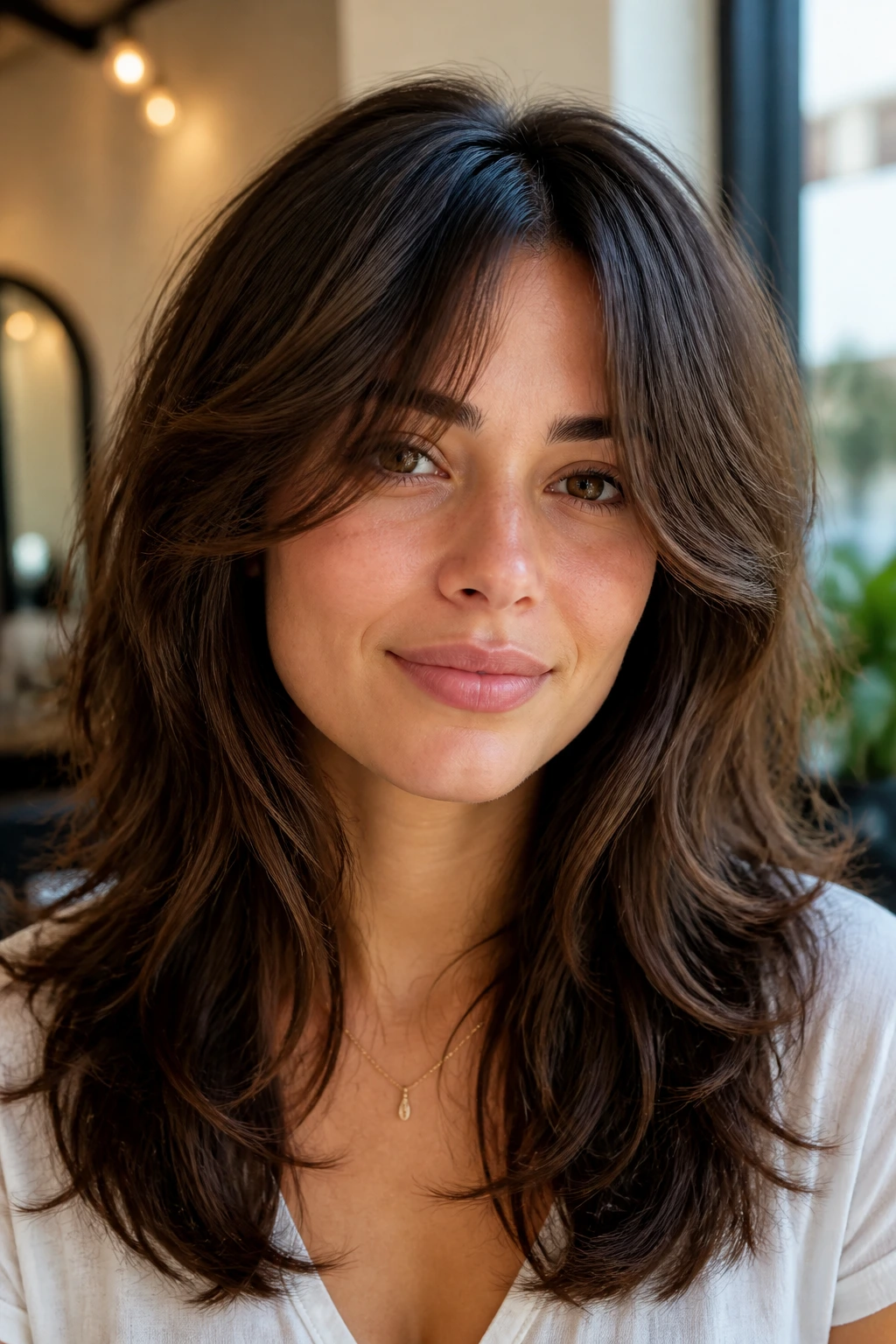 Close-up of real person with thick hair showing crown lift and layered shape