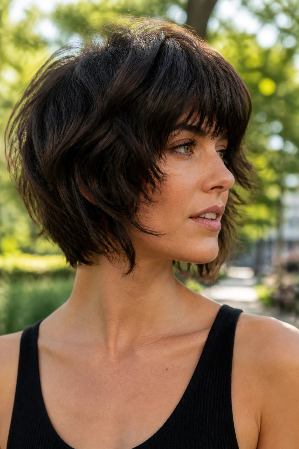 Close-up portrait of a real person with thick hair showing interior shaping and hidden weight removal