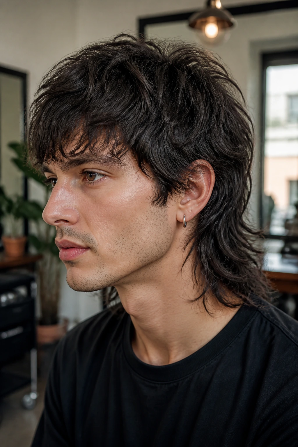 Close-up of real person with thick shag mullet and de-bulked layers in a chic salon.