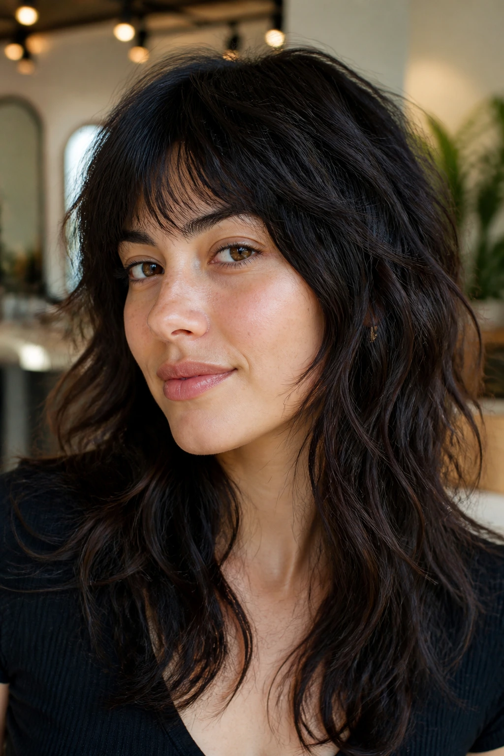 Close-up portrait of a real woman with thick shag and piecey bangs in warm salon light