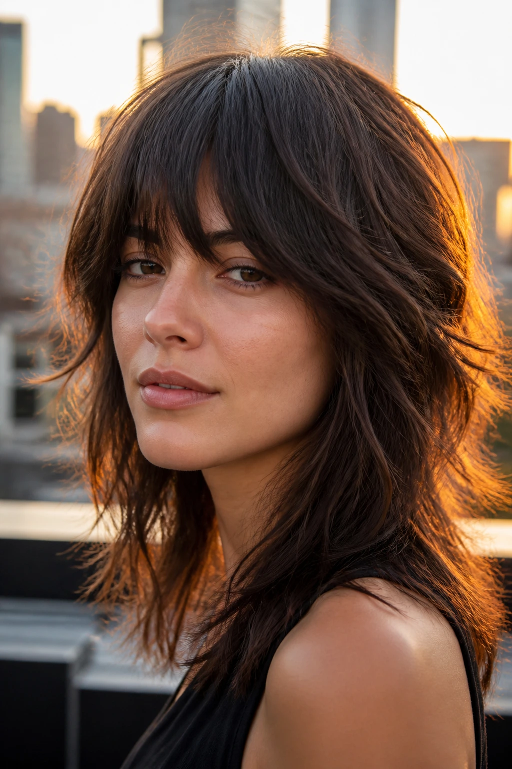 Close-up portrait of a real woman with thick-hair shag showing weight removal and perimeter control