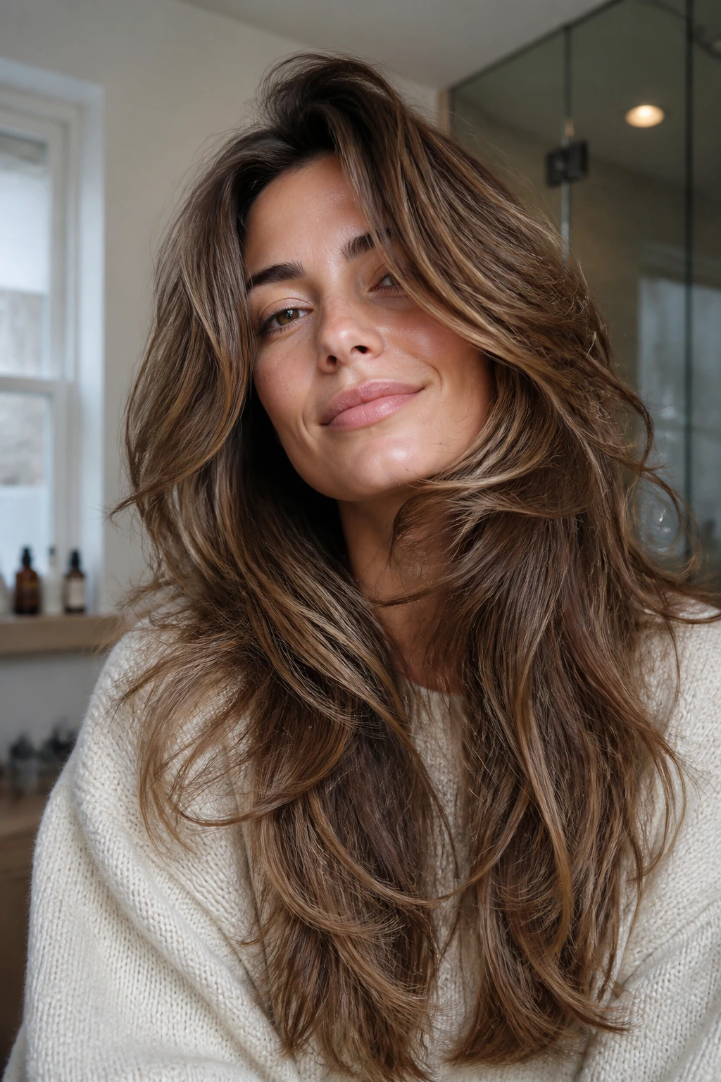 Portrait of a real person styling thick long shag with natural bend in a home setting