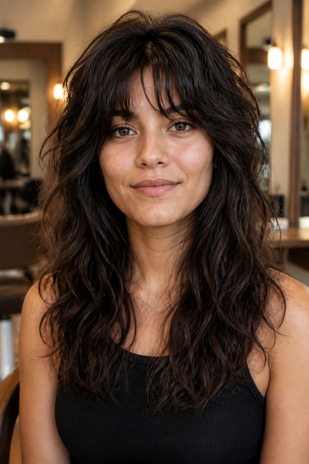 Close-up of a real person with a thick-hair shag showing internal weight removal around the face