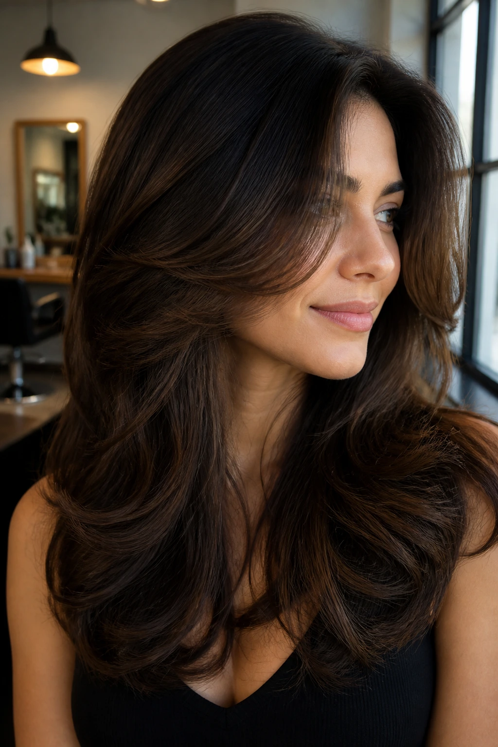 Portrait of a real person with a shaped thick hairstyle showing perimeter and layers