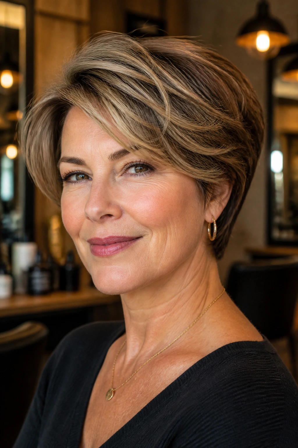 Portrait of a real woman with layered short cut showing perimeter control in a warm salon setting