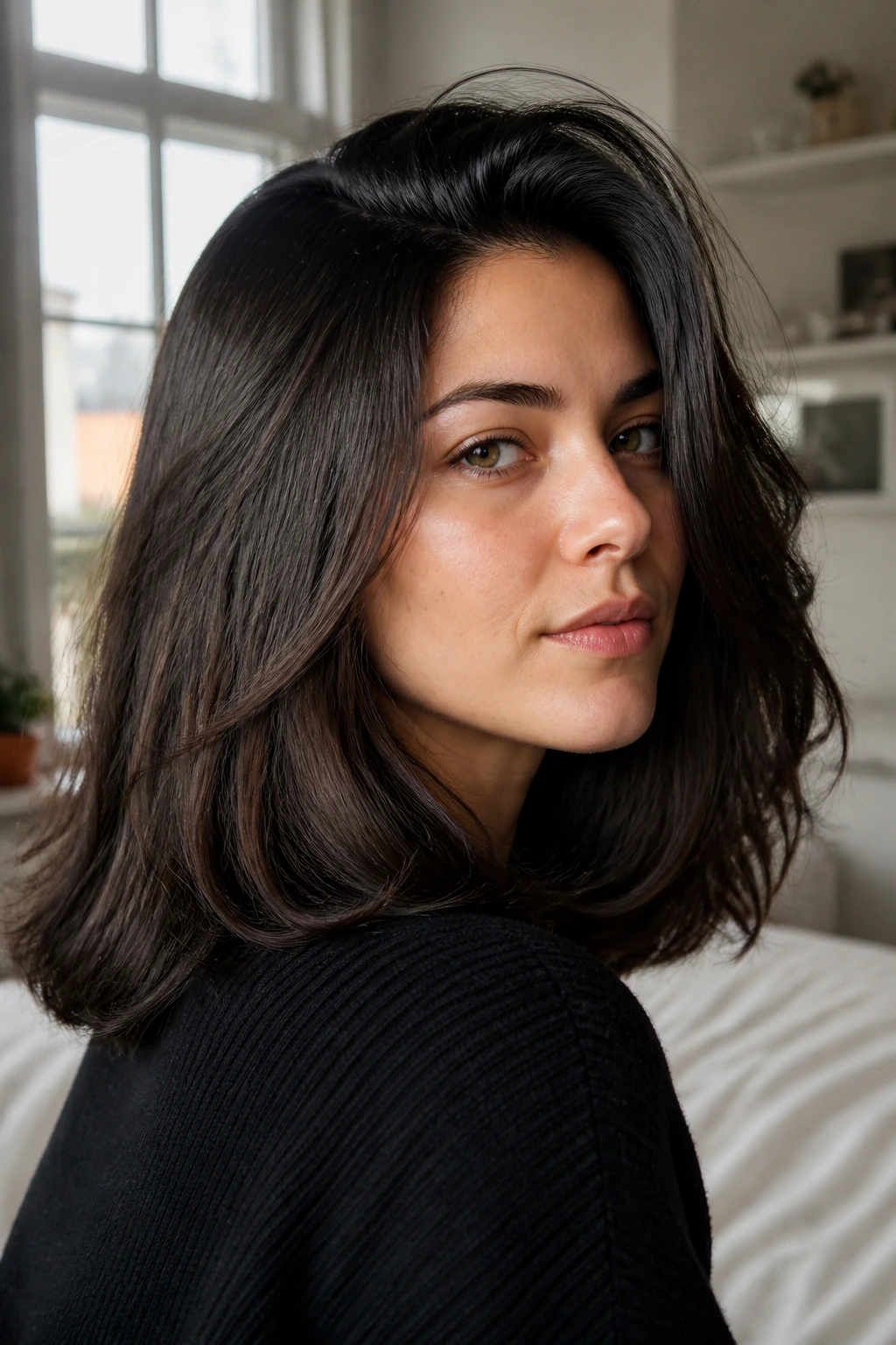 Close-up portrait of a real person with thick shoulder-length hair showing density and shape