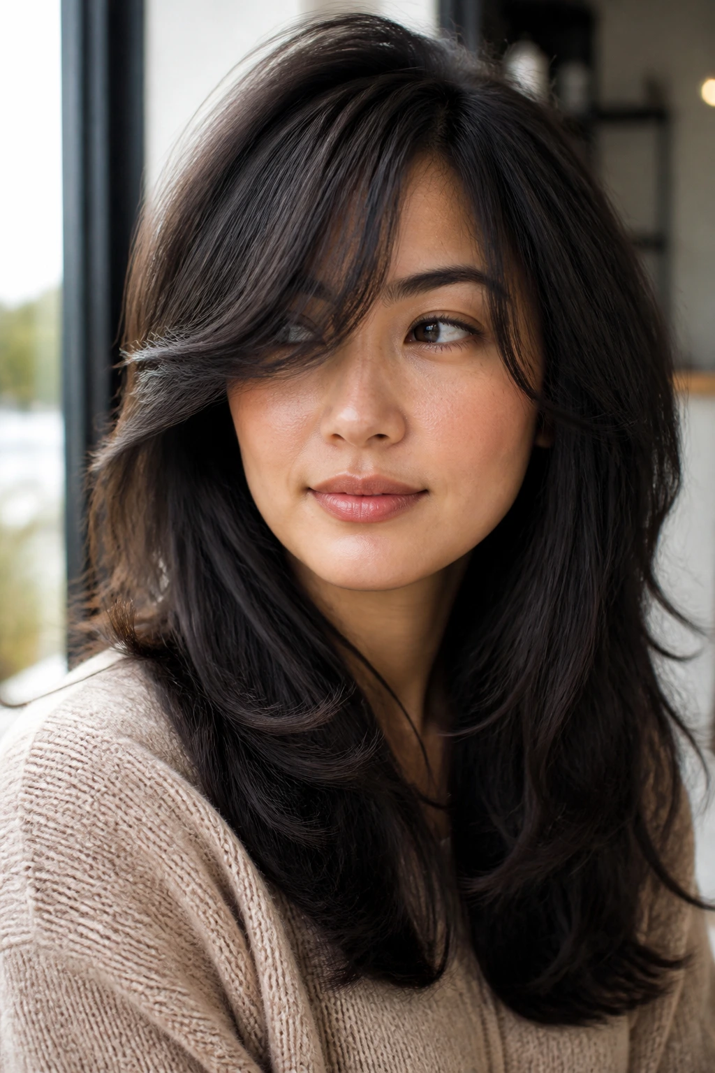 Close-up of thick hair with interior-weight side bangs forming a soft fringe