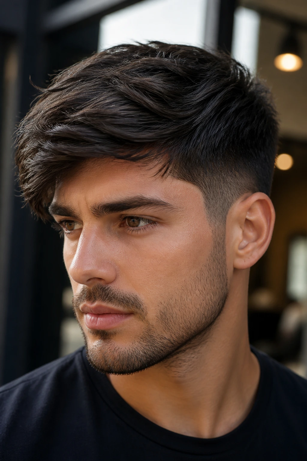Portrait of a man with a thick hair side-swept crop in a modern setting