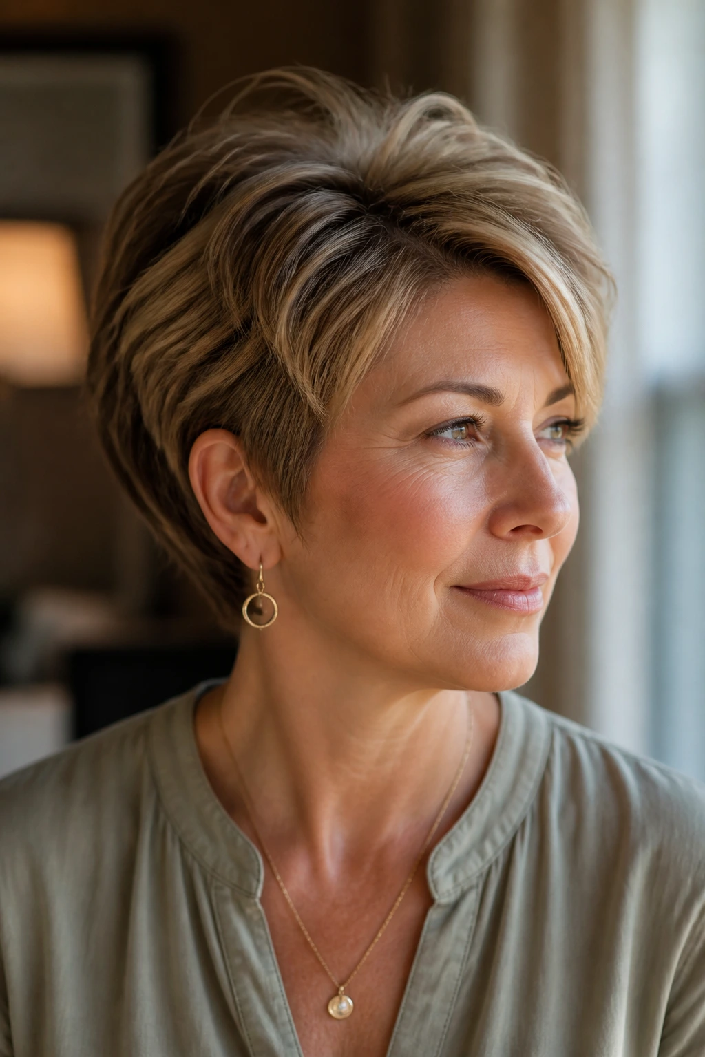 Real person with a flattering short haircut and natural silhouette