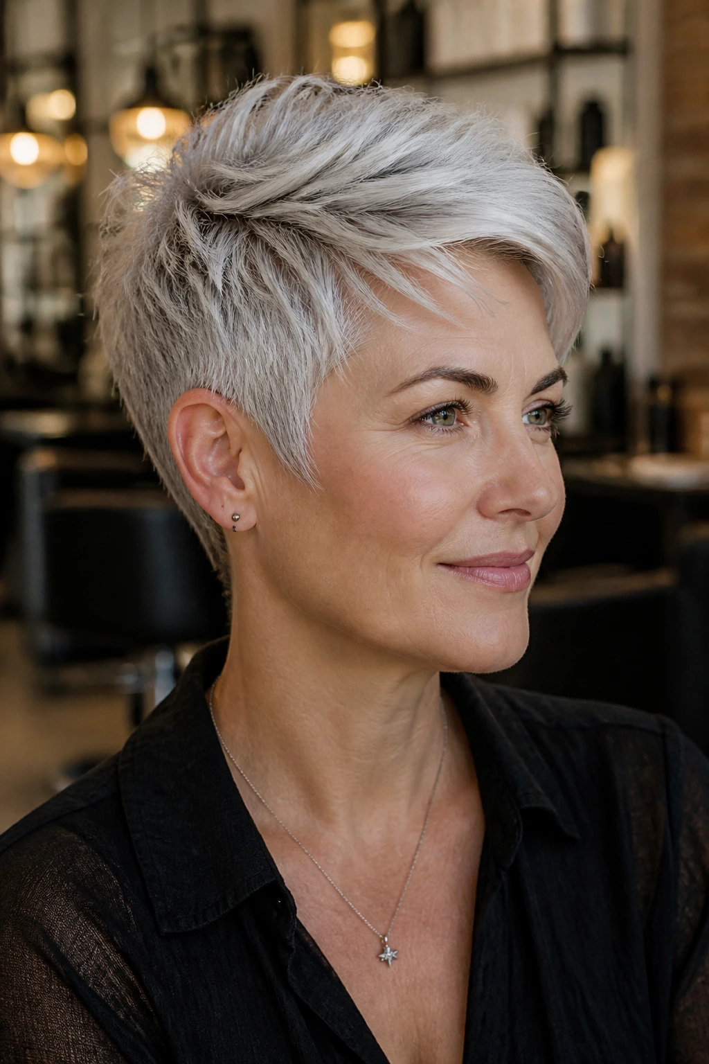 Portrait of a real woman with a thick silver pixie and nape undercut