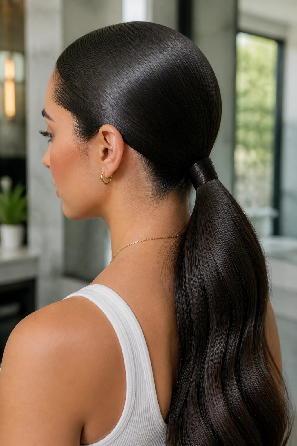 Close-up of real woman with thick hair in a sleek low ponytail