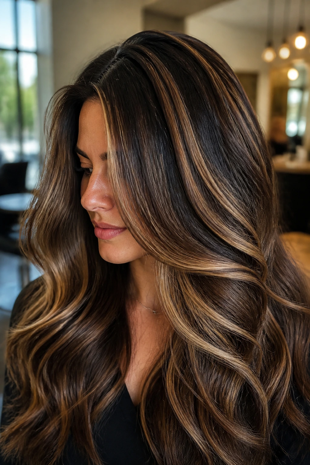 Close-up of thick hair with sliced highlights around the crown