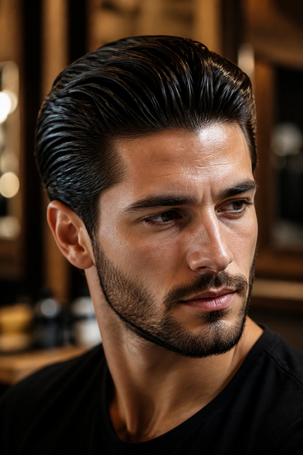 Close-up portrait of a man with thick hair slicked back in a barbershop setting
