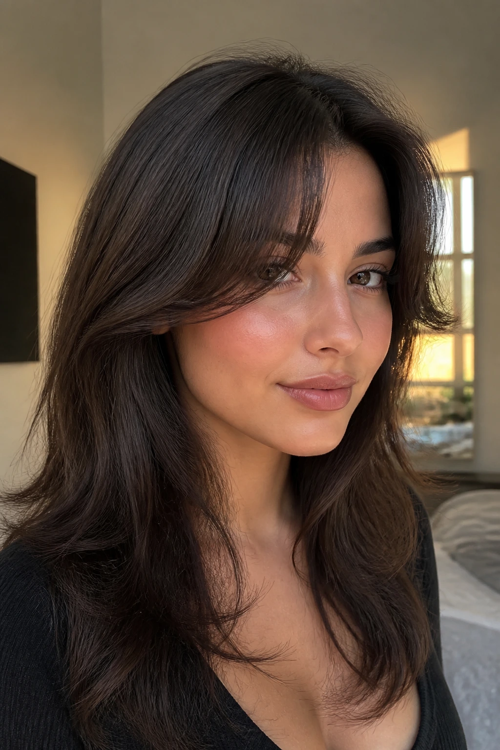 Close-up of a woman with thick hair and soft curved bangs