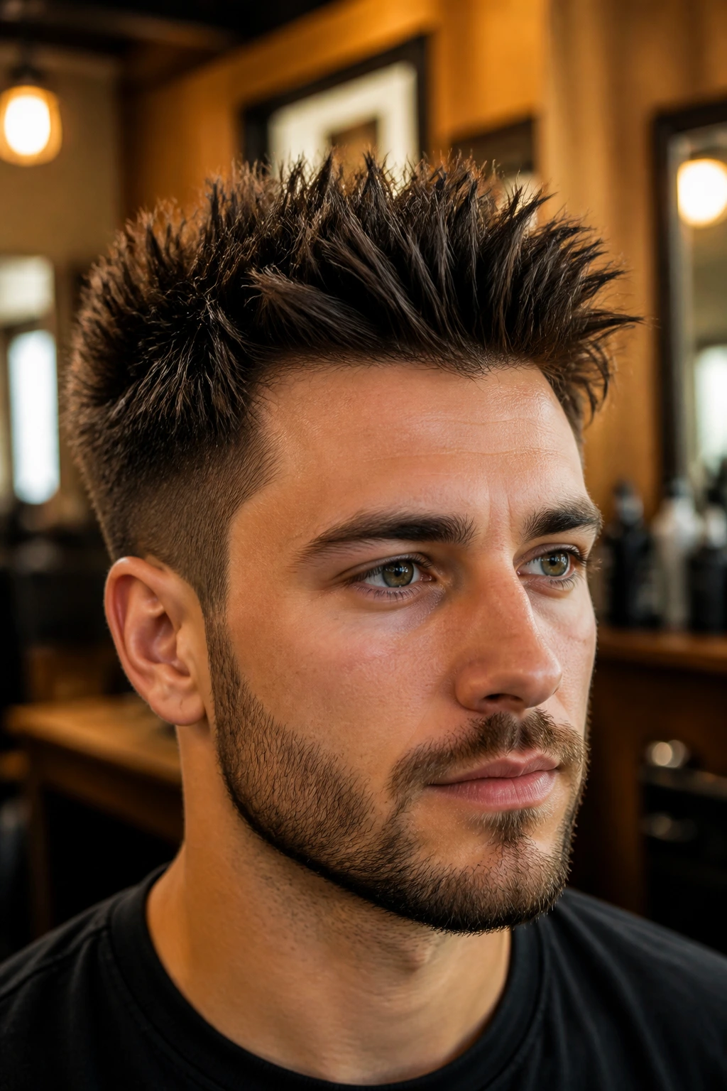 Man with thick hair spikes in warm barber shop lighting