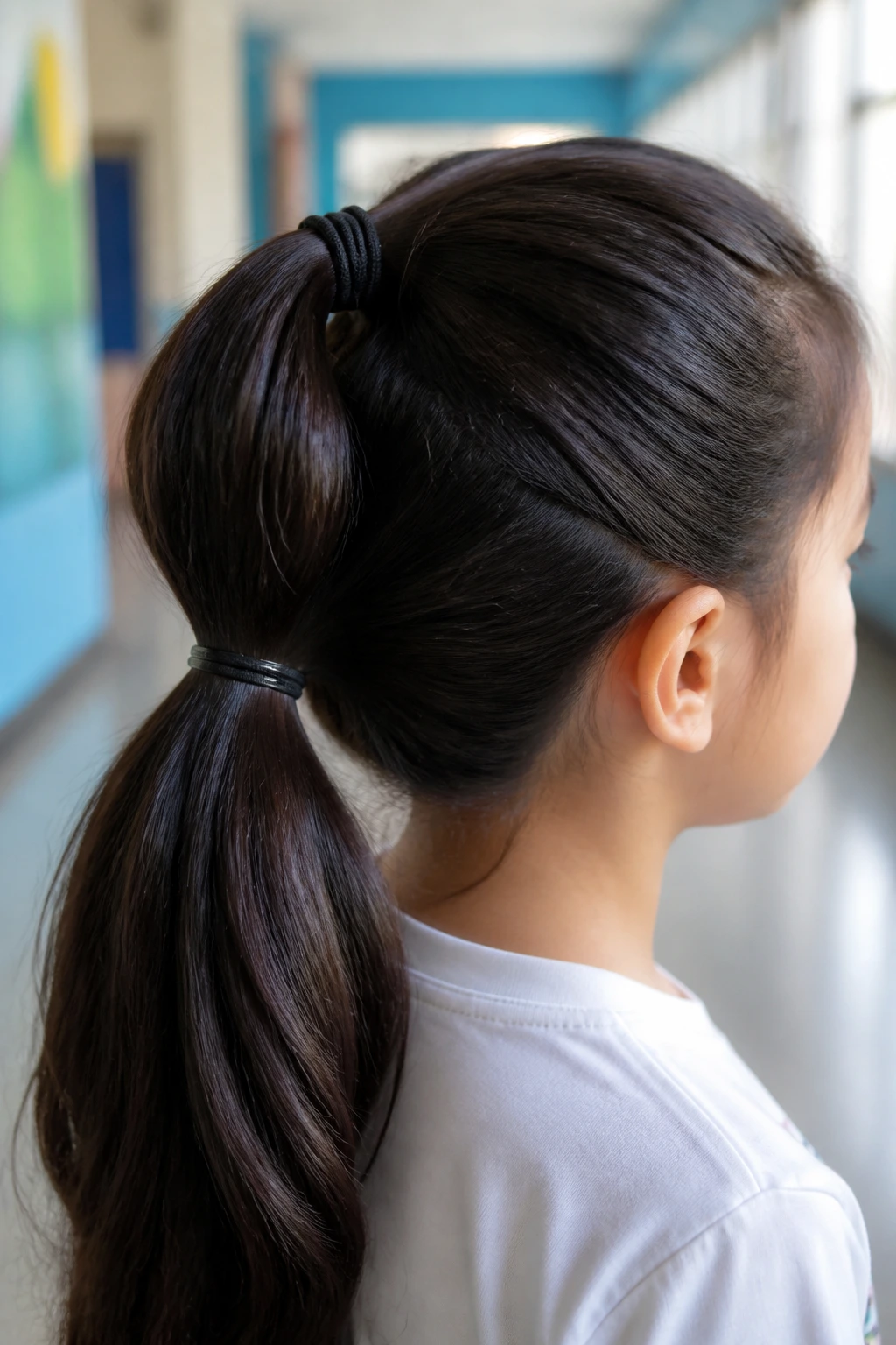 Close-up of a child with a thick-hair split pony showing two pony points