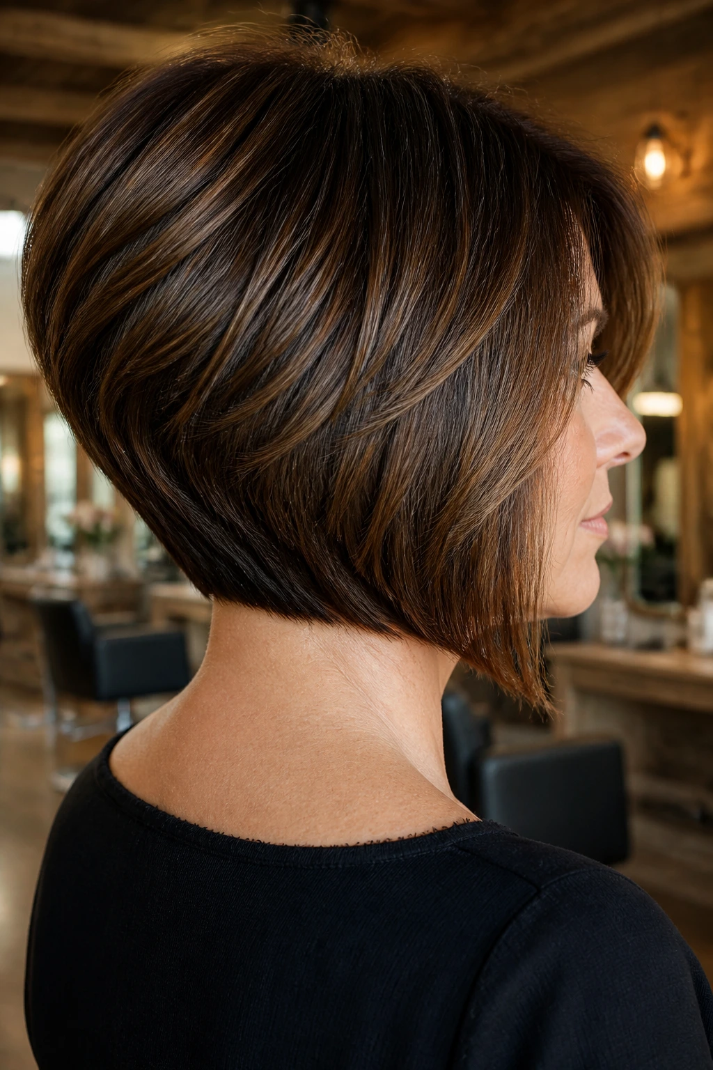 Real woman with thick-hair stacked bob showing internal weight removal