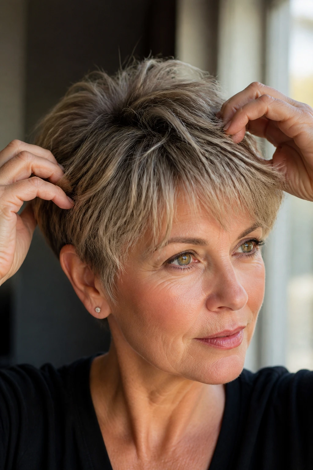 Close-up of thick hair with intentional texture and fringe.