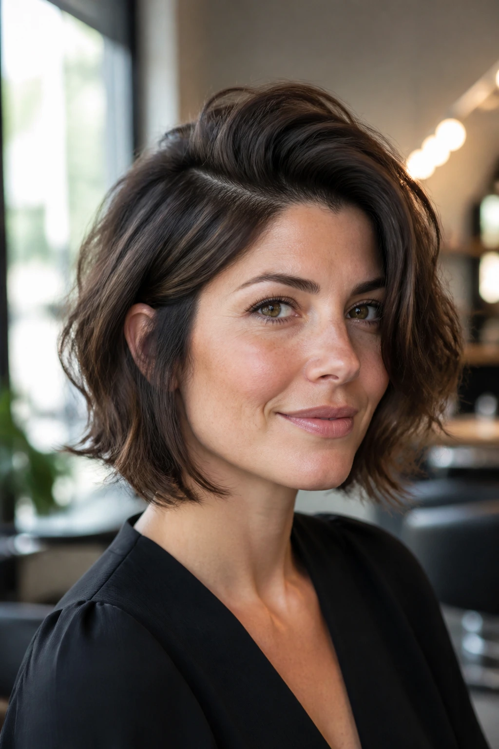Portrait of a real woman with a side-parted thick haircut showing controlled volume