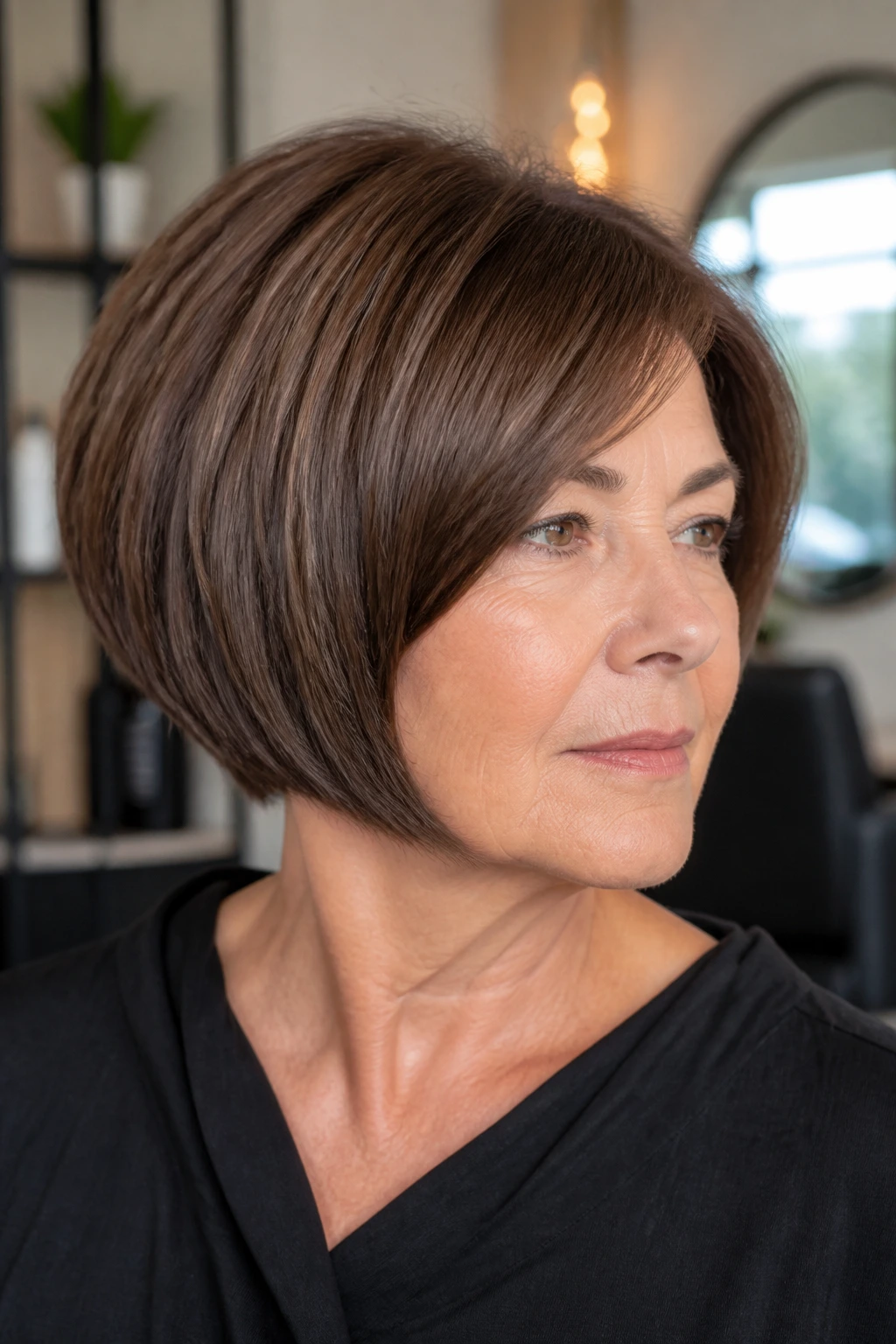 Close-up of a real woman with a thick-hair tapered bob in a salon