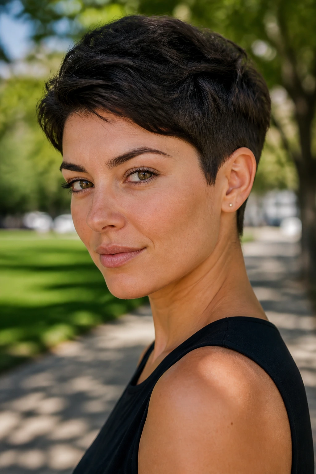 Close-up portrait of thick-hair with tapered pixie showing tapered sides