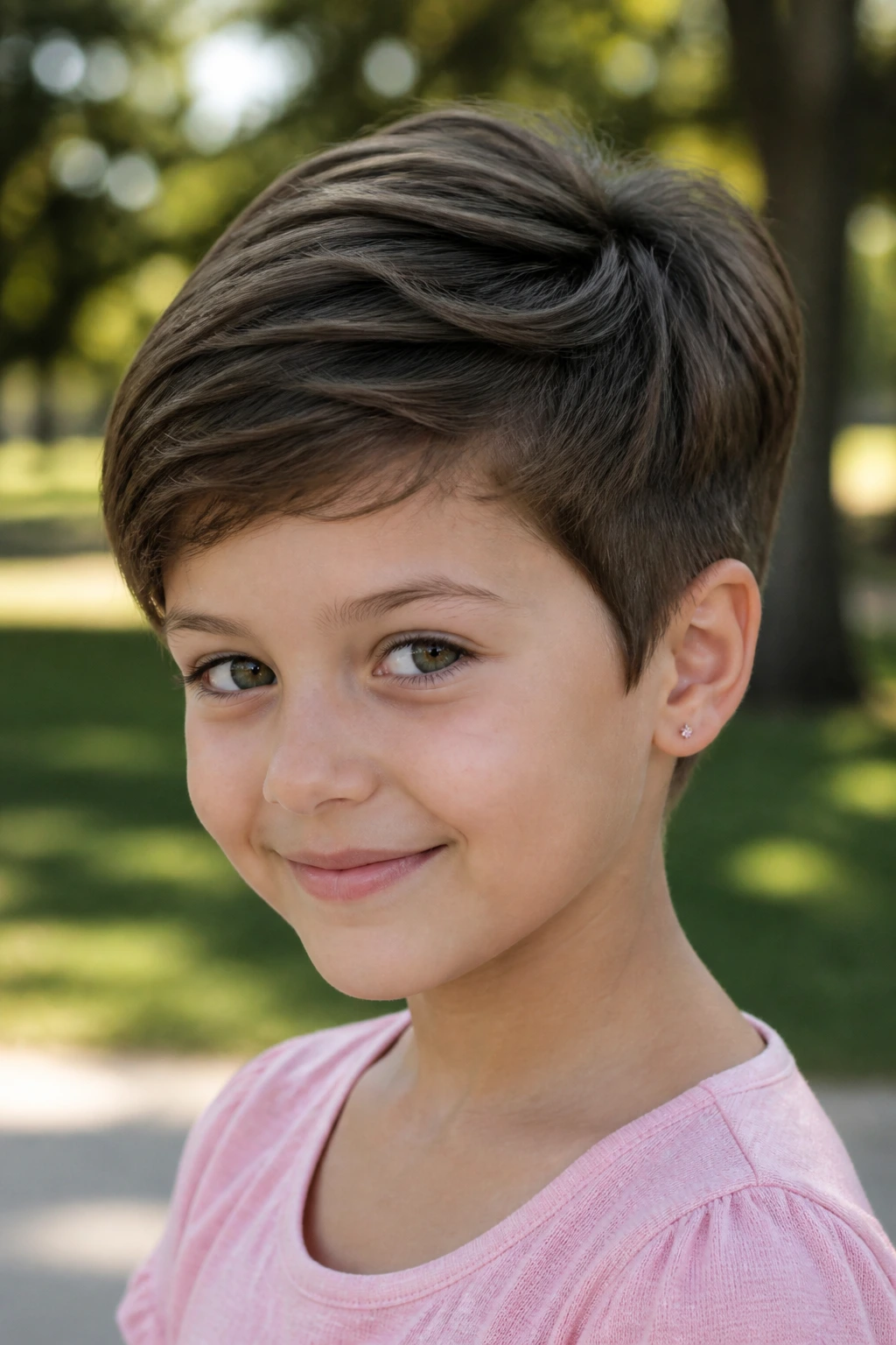 Close-up of a girl with a thick-hair tapered pixie hairstyle outdoors
