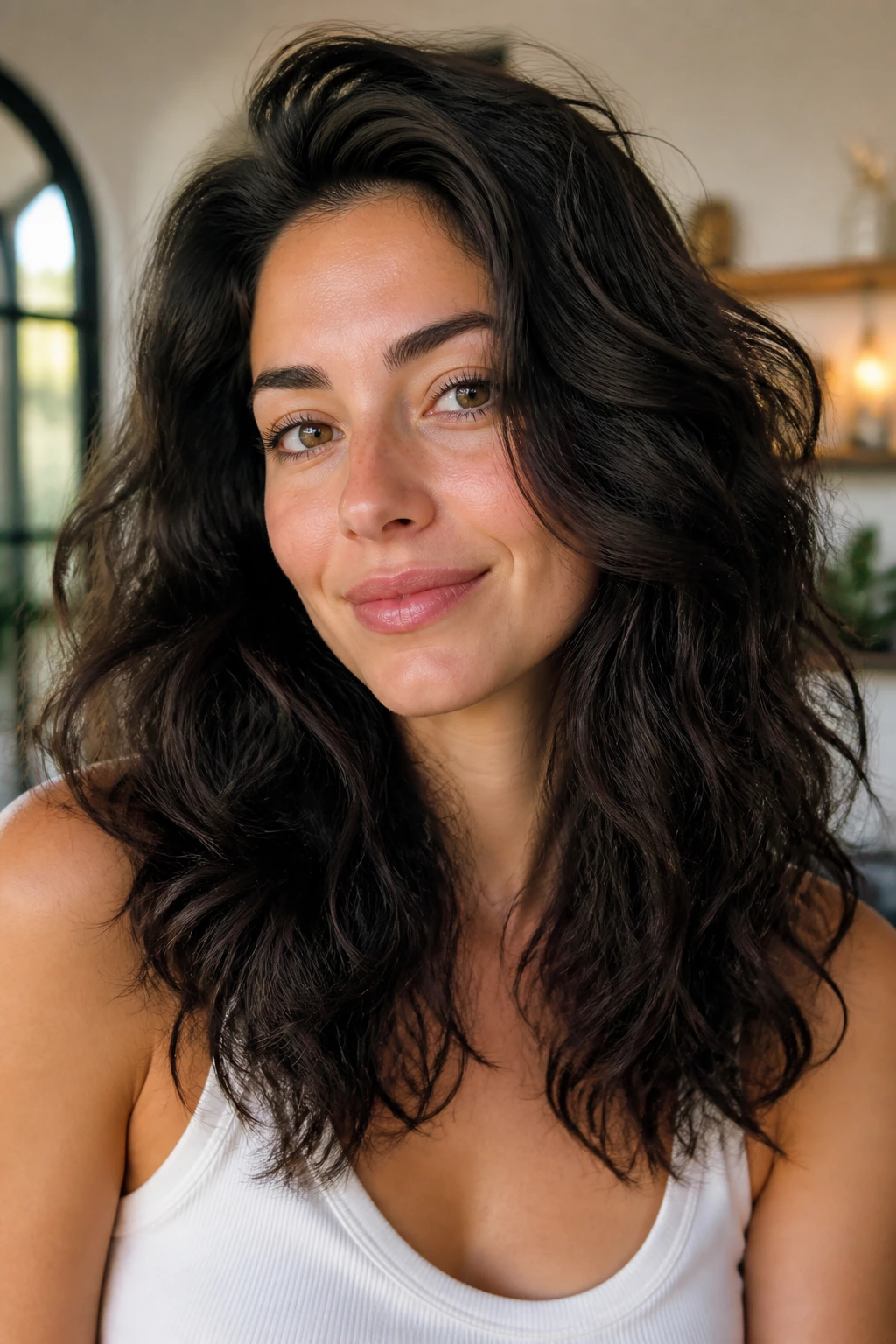 Portrait of a real woman with thick textured hair showing texture and face framing