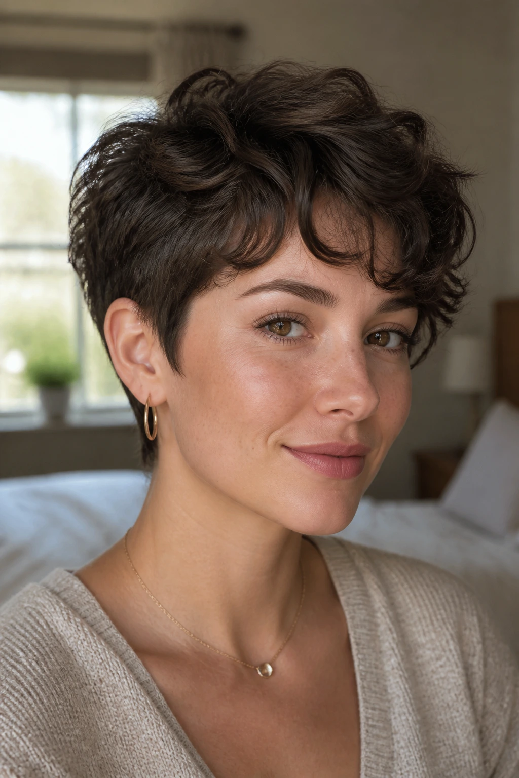 Close-up portrait of a real woman with thick short hair showing varied textures in natural light