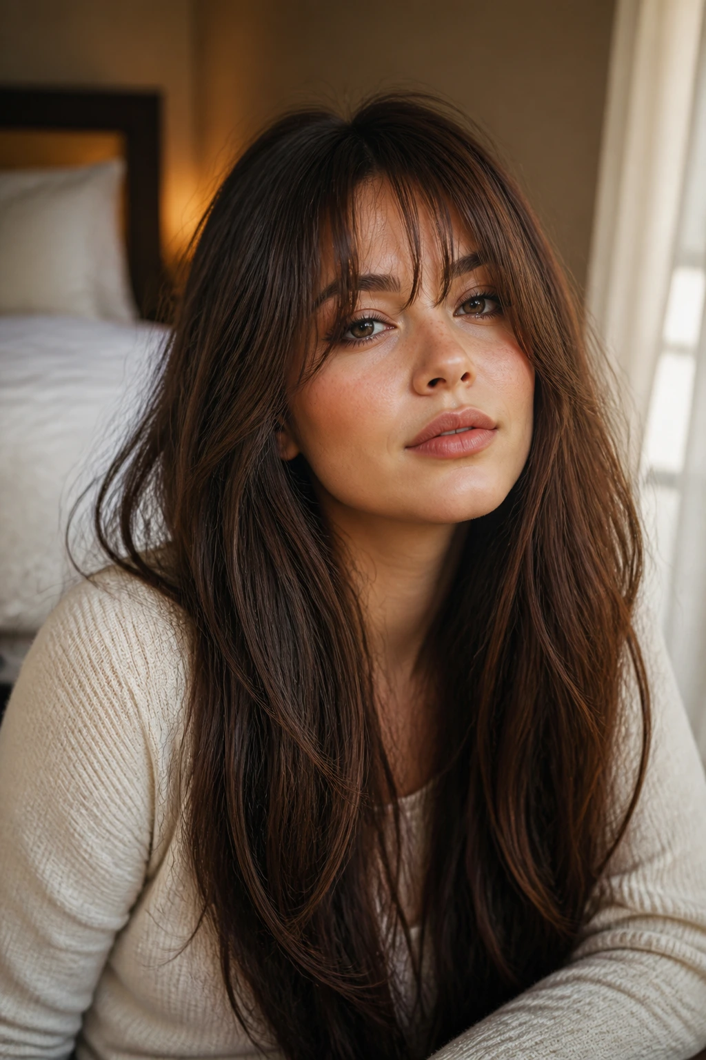 Close-up of a real woman with thick hair and thinner bangs in a warm bedroom