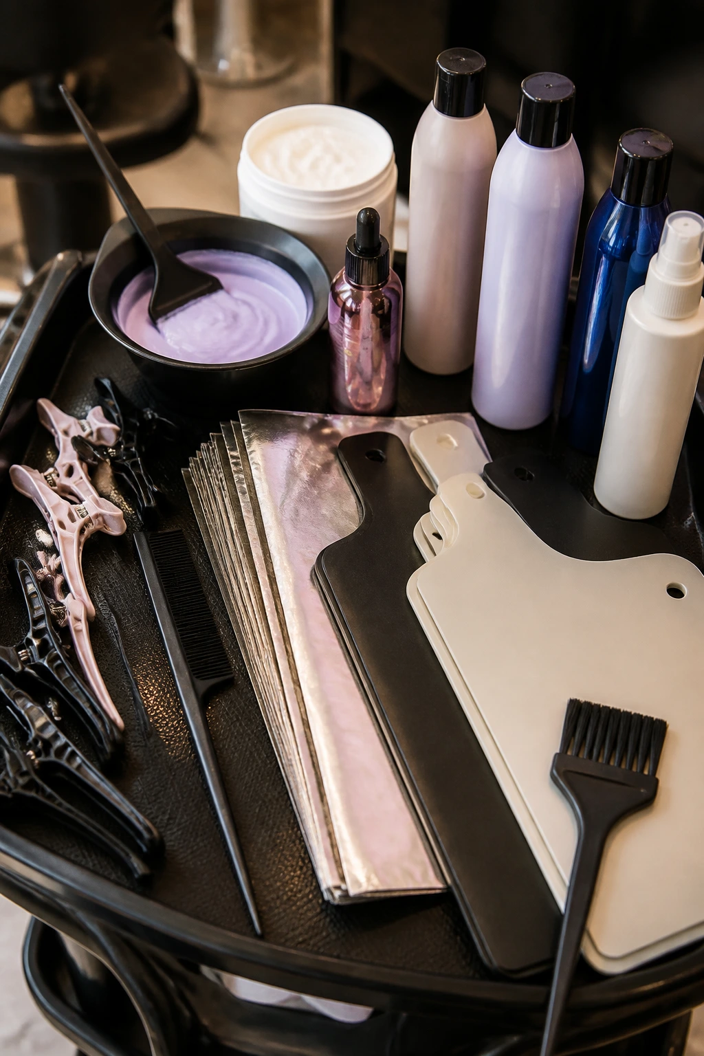 Top-down close-up of professional salon tools for thick-hair color arrangement