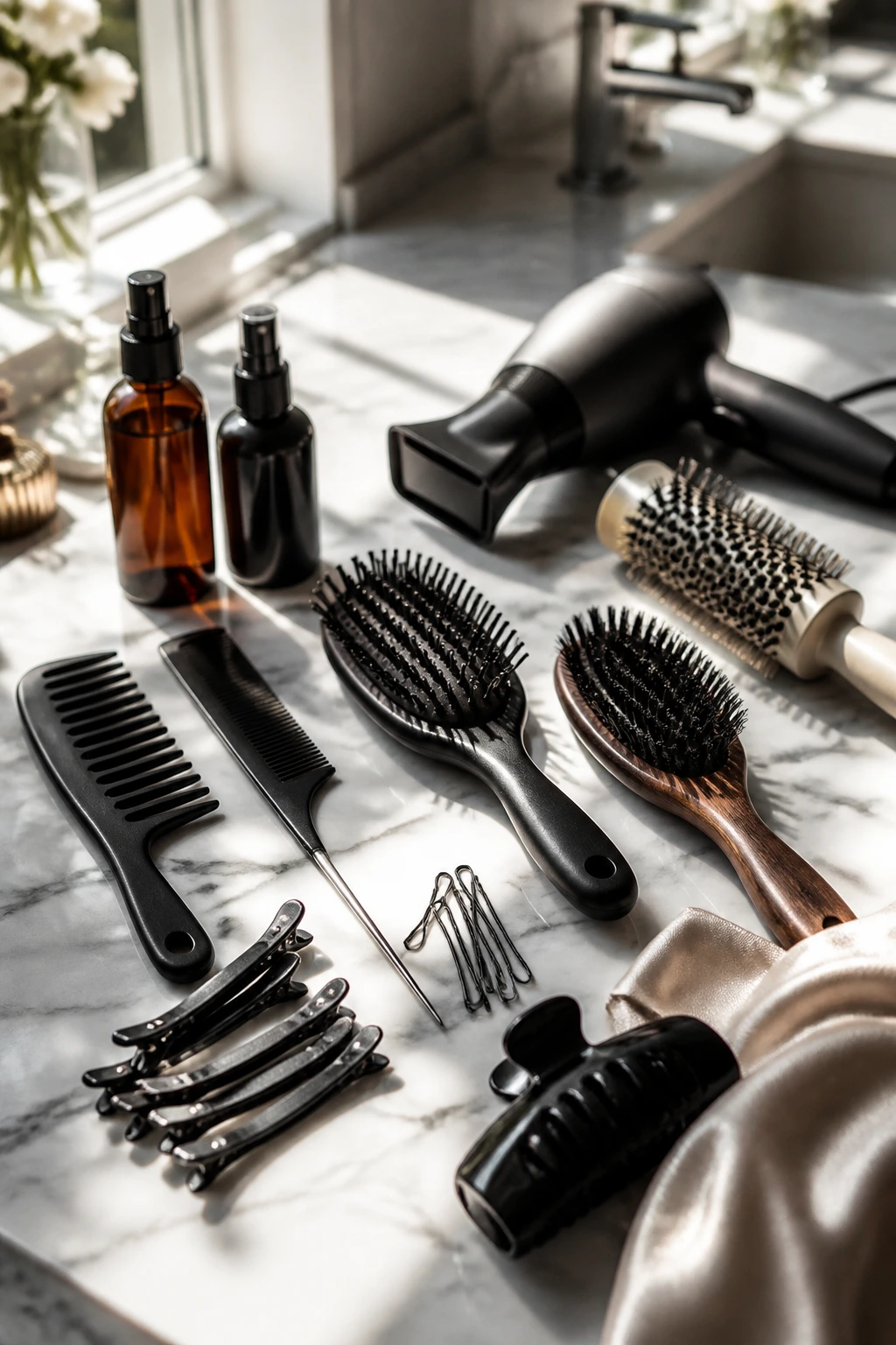 Close-up of thick-hair styling tools arranged on a bathroom counter