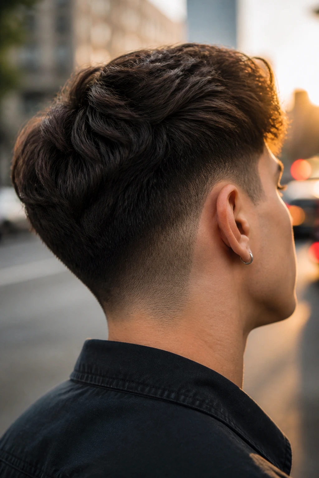 Portrait of a real person with thick hair and an undercut at the nape