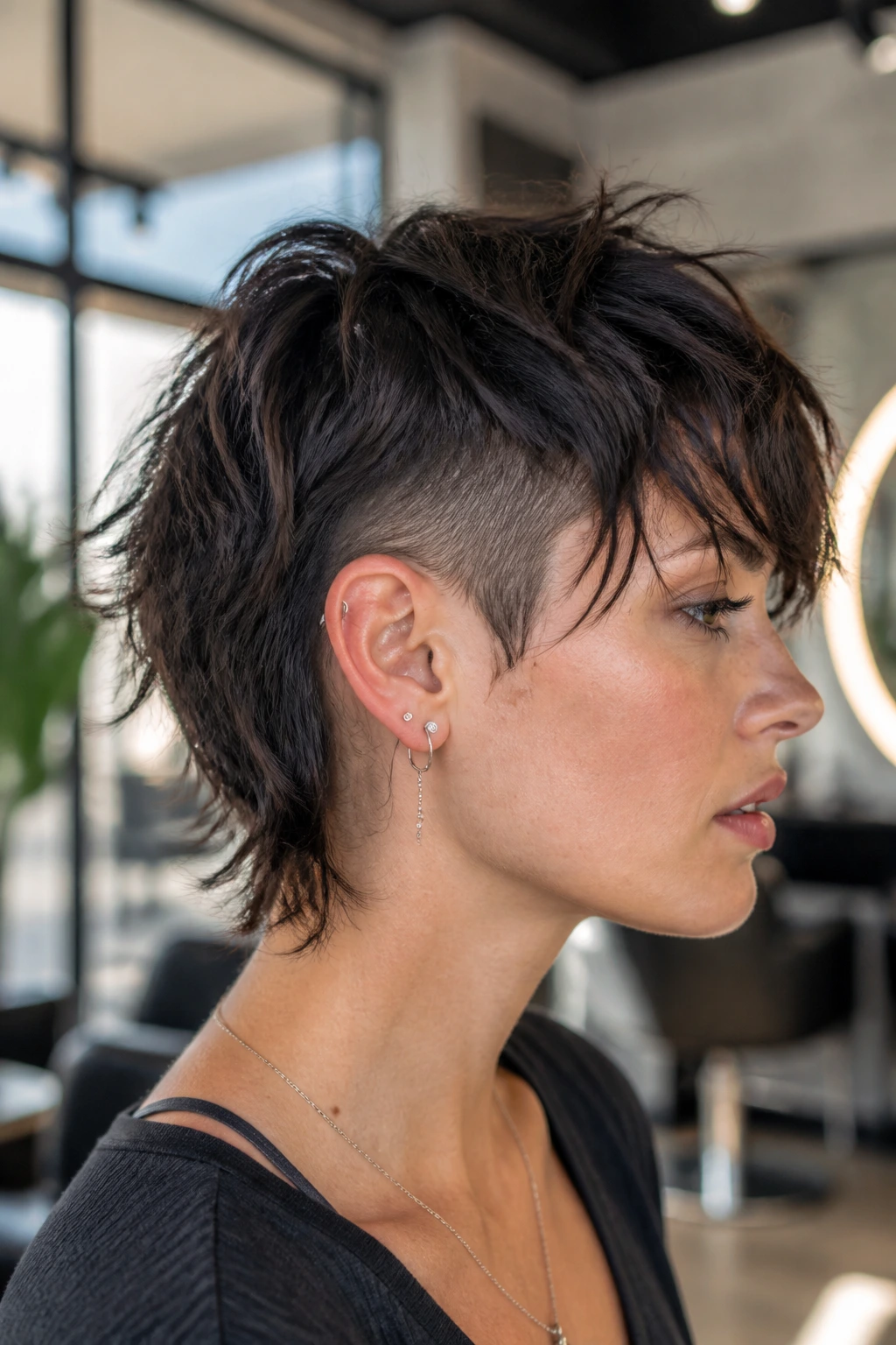 Close-up portrait of real person with thick-hair undercut shag showing undercut beneath top layers