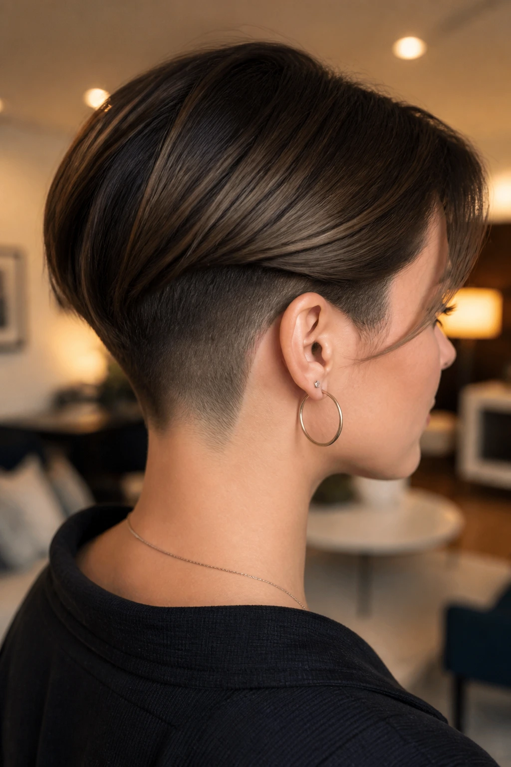 Portrait of a woman with an undercut removing weight in the nape and crown for thick hair