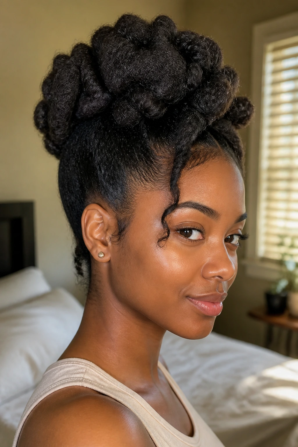 Portrait of a real person with thick natural hair in a versatile updo