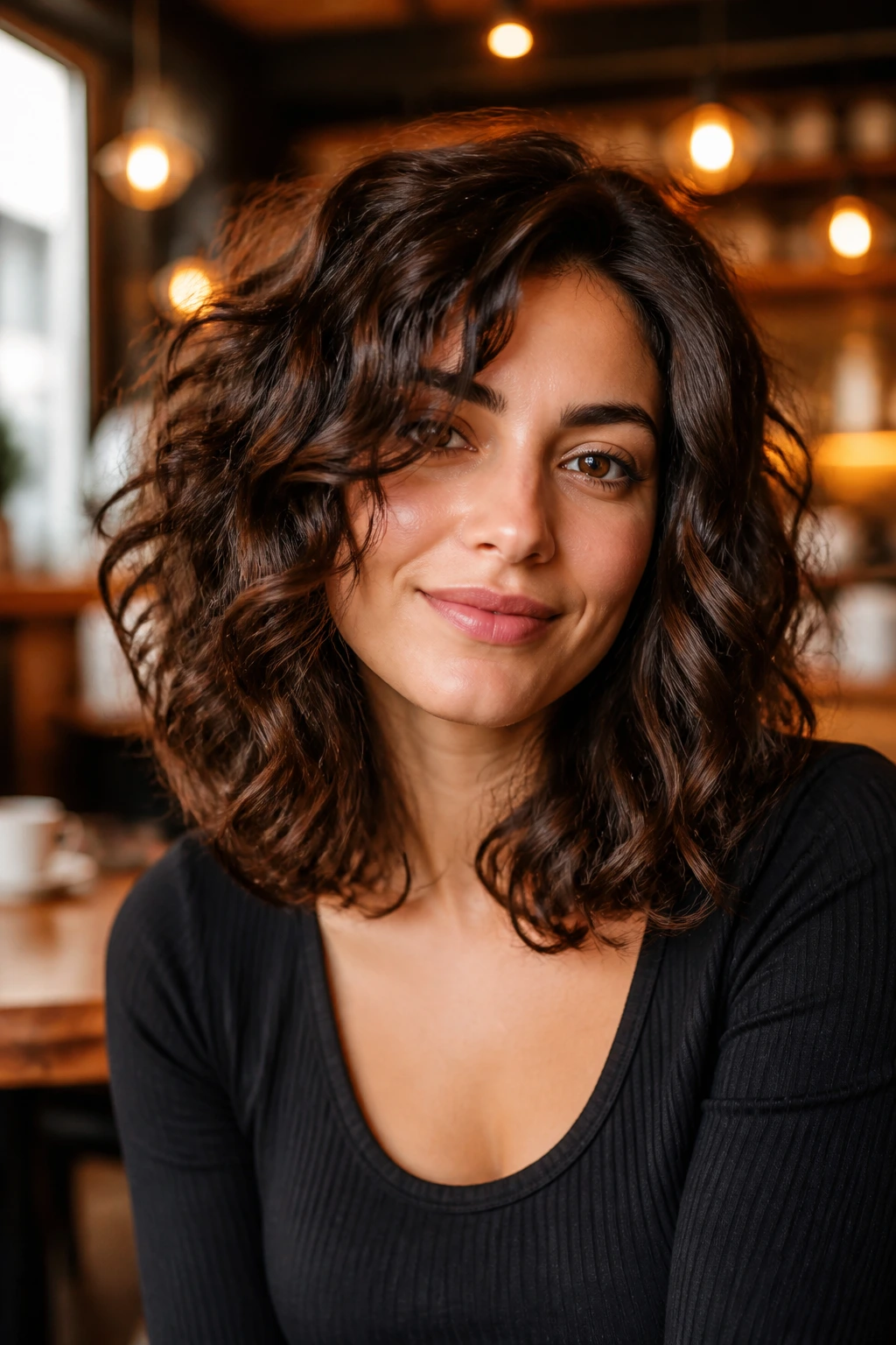 Shoulder-length thick hair with defined waves in curly-friendly style at cafe