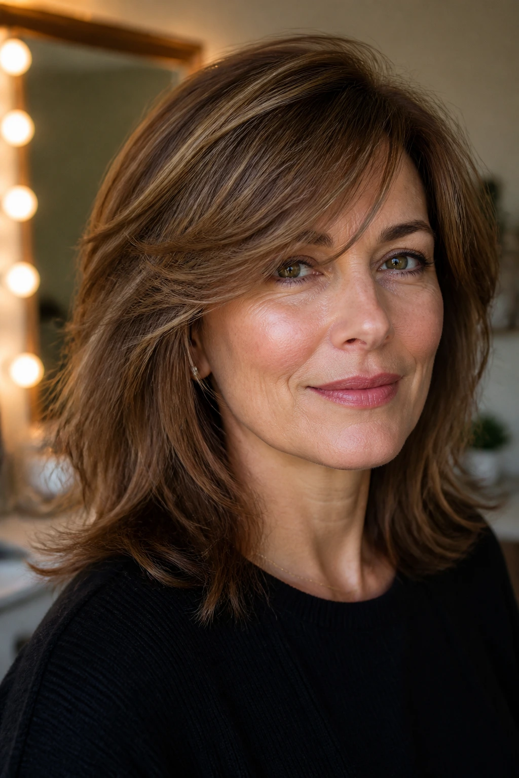 Close-up of a real woman with thick hair featuring a soft side-swept fringe for a versatile look