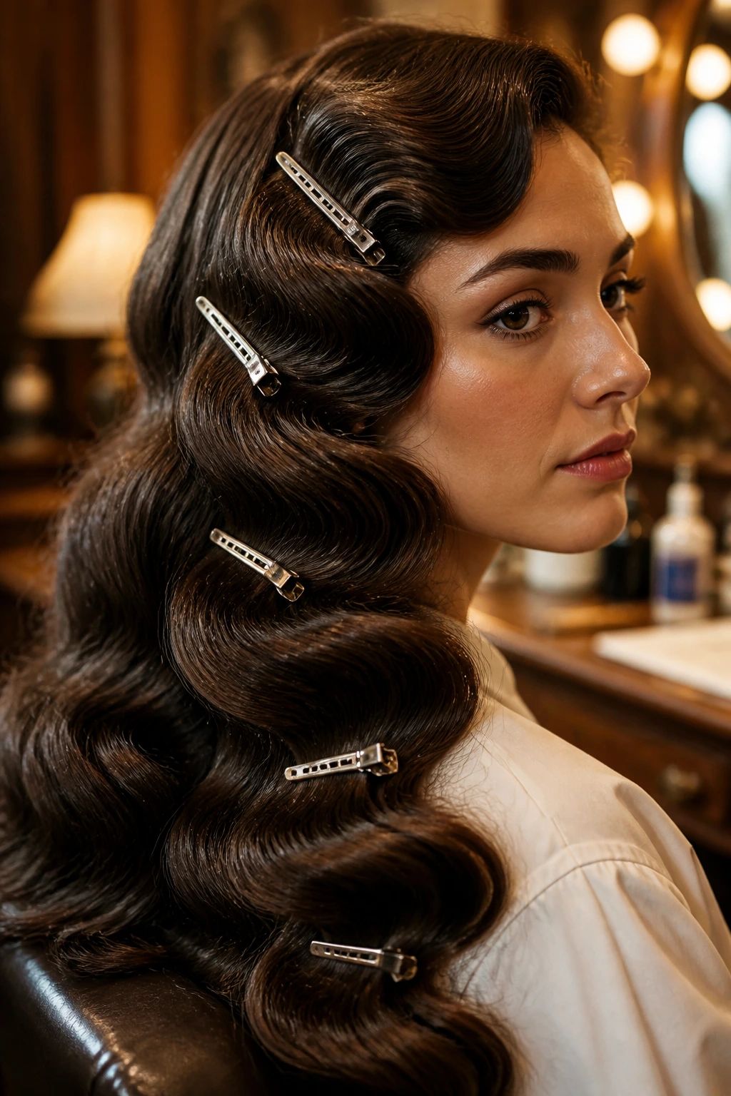 Real person with thick long waves pinned with clamps in a retro salon setting