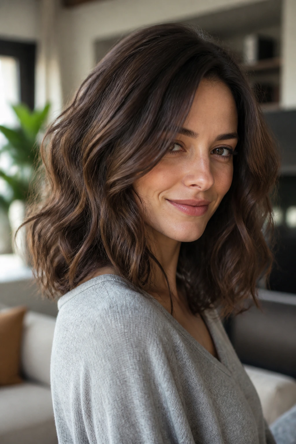 Close-up of a real person with thick hair in loose waves showing movement