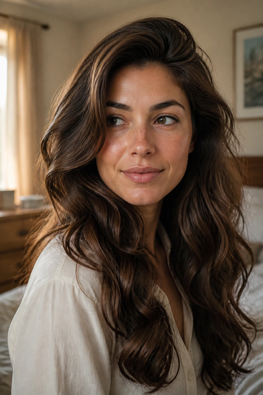 Close-up portrait of a real woman with long thick wavy hair, lifted crown and side part in natural window light