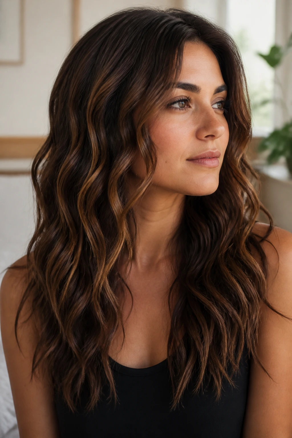 Close-up of a real woman with thick hair styled in waves using thin sections