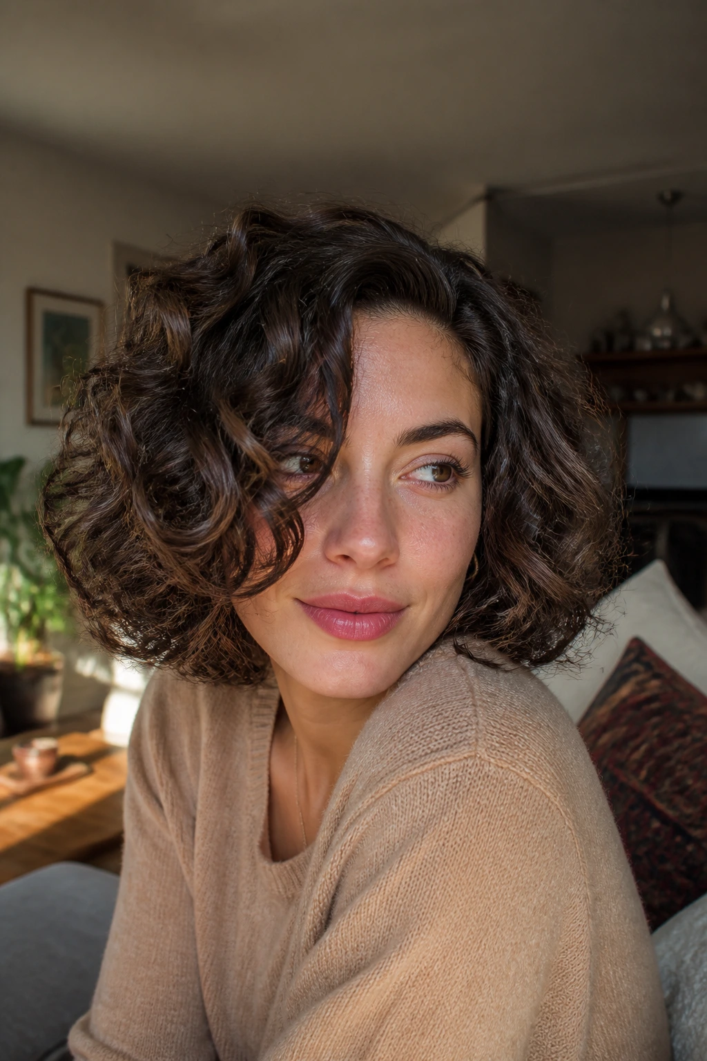Close-up portrait of a real woman with thick wavy hair showing density and movement in natural daylight