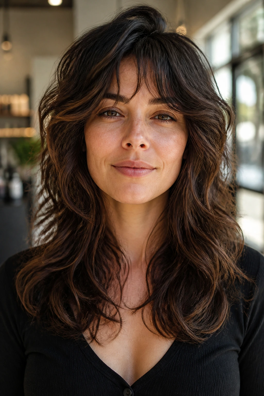 Close-up of real woman with Thick-Hair Weight-Removed Shag in salon
