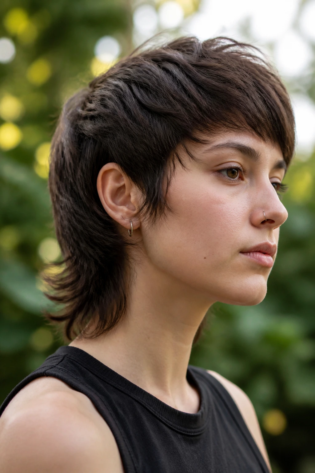 Portrait of real person with thick hair weight-removed wolf mullet.