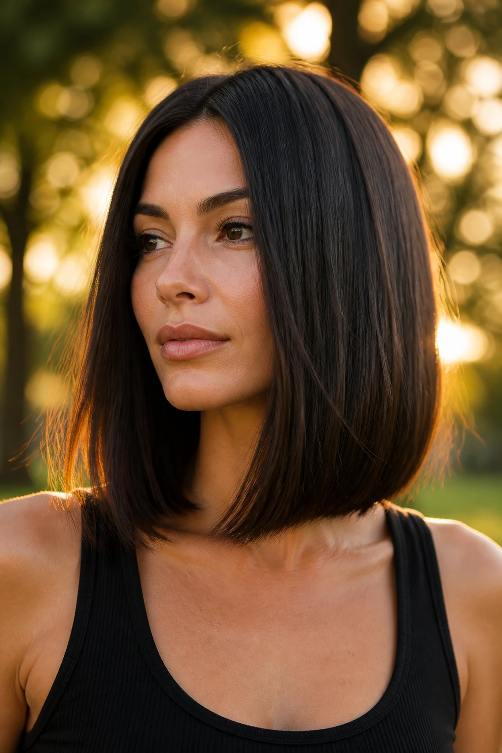 Close-up of a real woman with thick hair in a weightless lob under golden hour sunlight