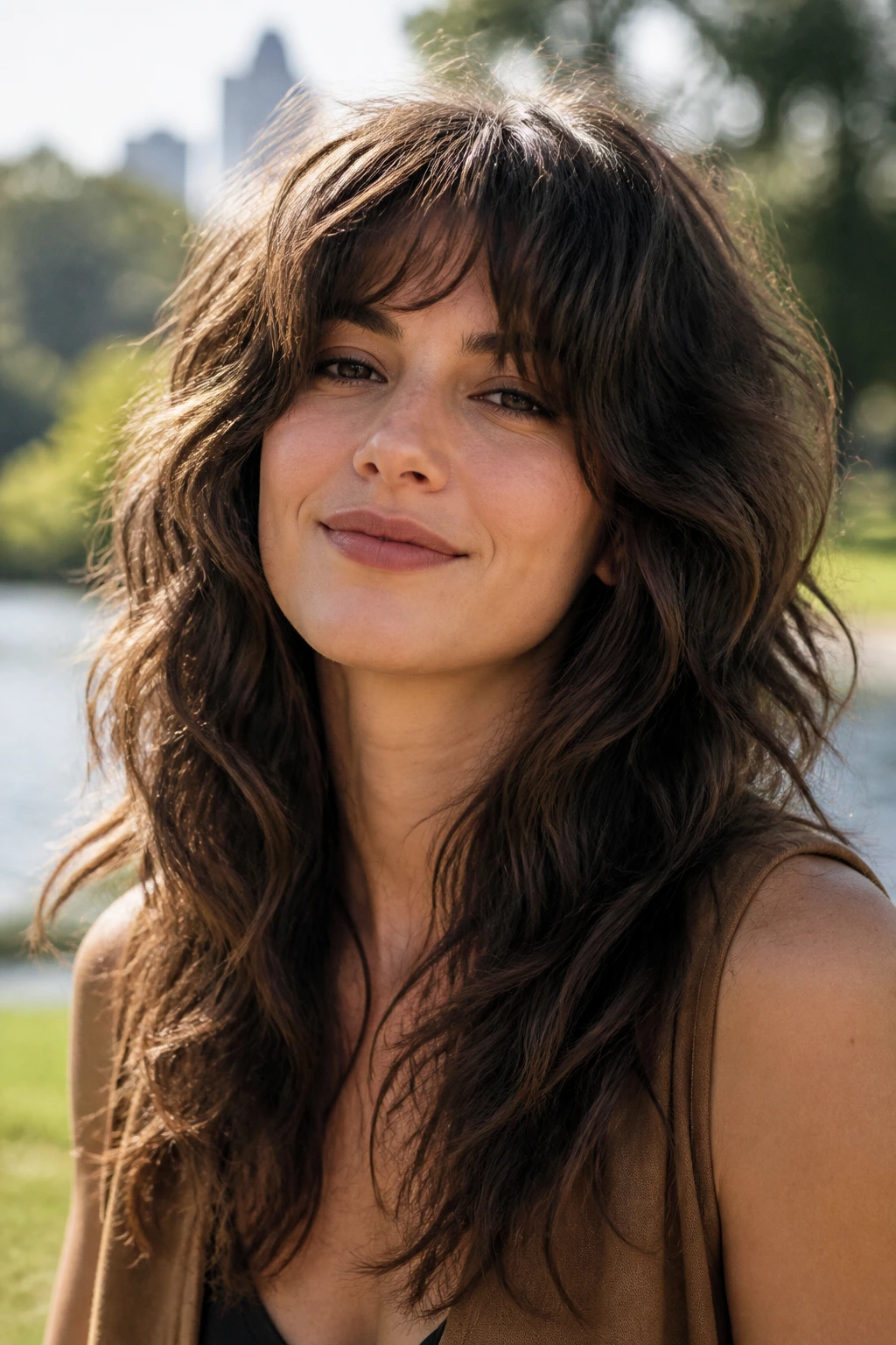 Close-up of a real person with thick-hair weightless shag in a sunny park
