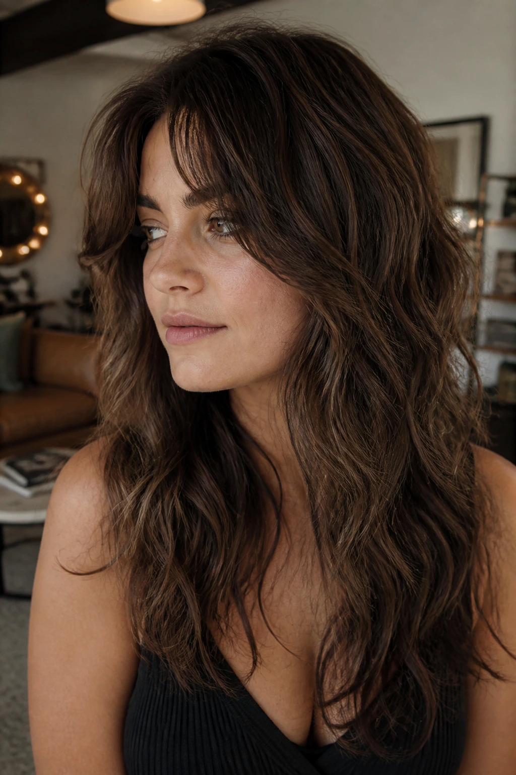 Close-up of a real person with a thick-hair soft wolf cut in soft lighting