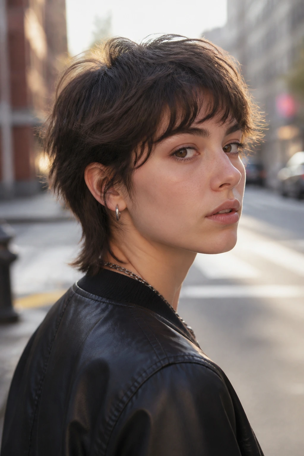 Close-up portrait of a real person with a thick-hair wolf cut, movement at the top, in an urban sunset setting.