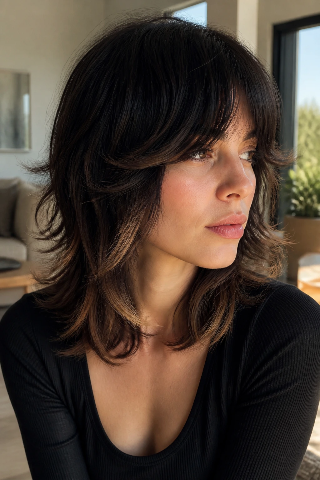 Close-up portrait of real person with thick-hair wolf cut and caramel slice highlights