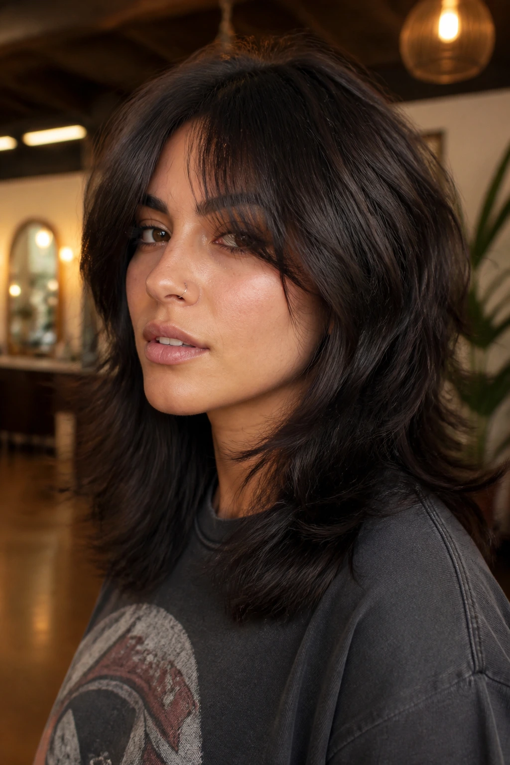 Close-up of real person with thick-hair wolf cut and debulked interior layers